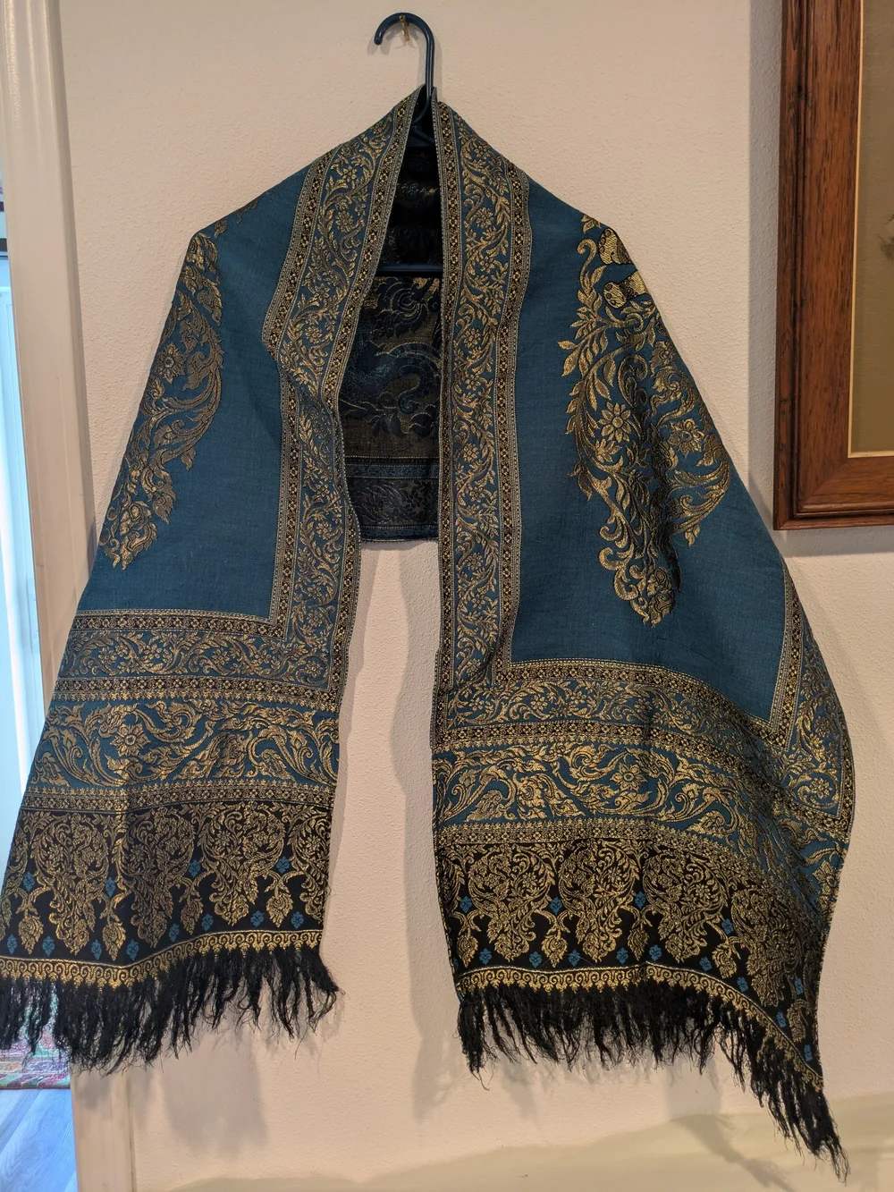 Blue and Gold Ornate Wall Tapestry Runner Thai Silk Elephant Shawl